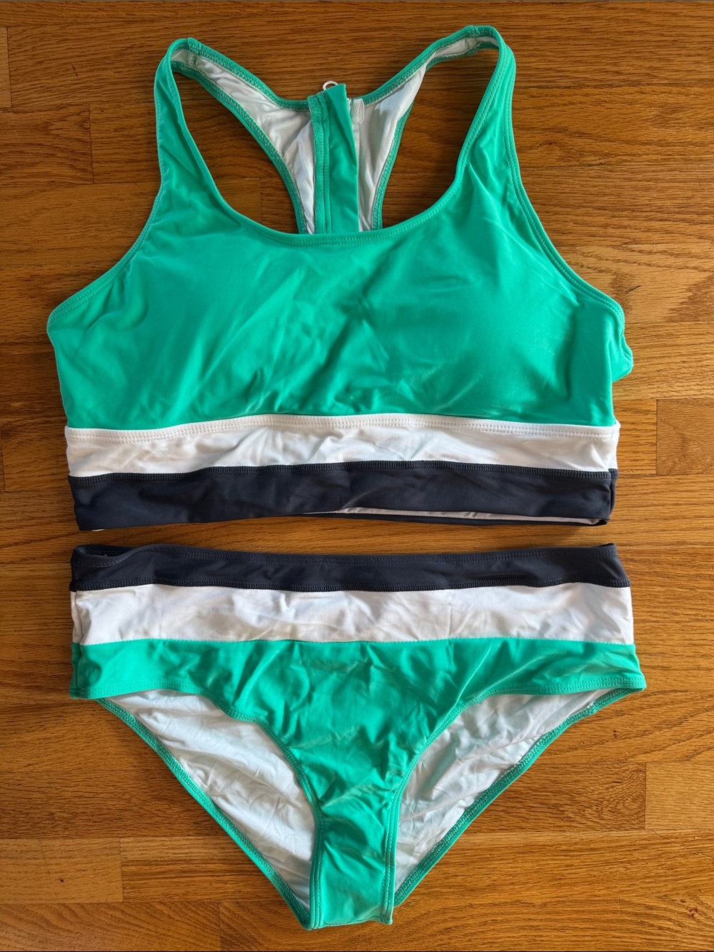 Women's Green/Teal Racerback Sport Bikini Set with White and Grey Bands